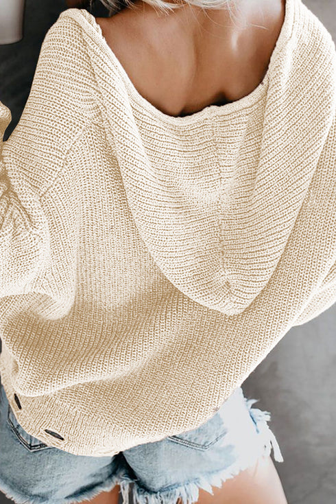 Zipper V-Neck Dropped Sleeve Hooded Solid Sweater
